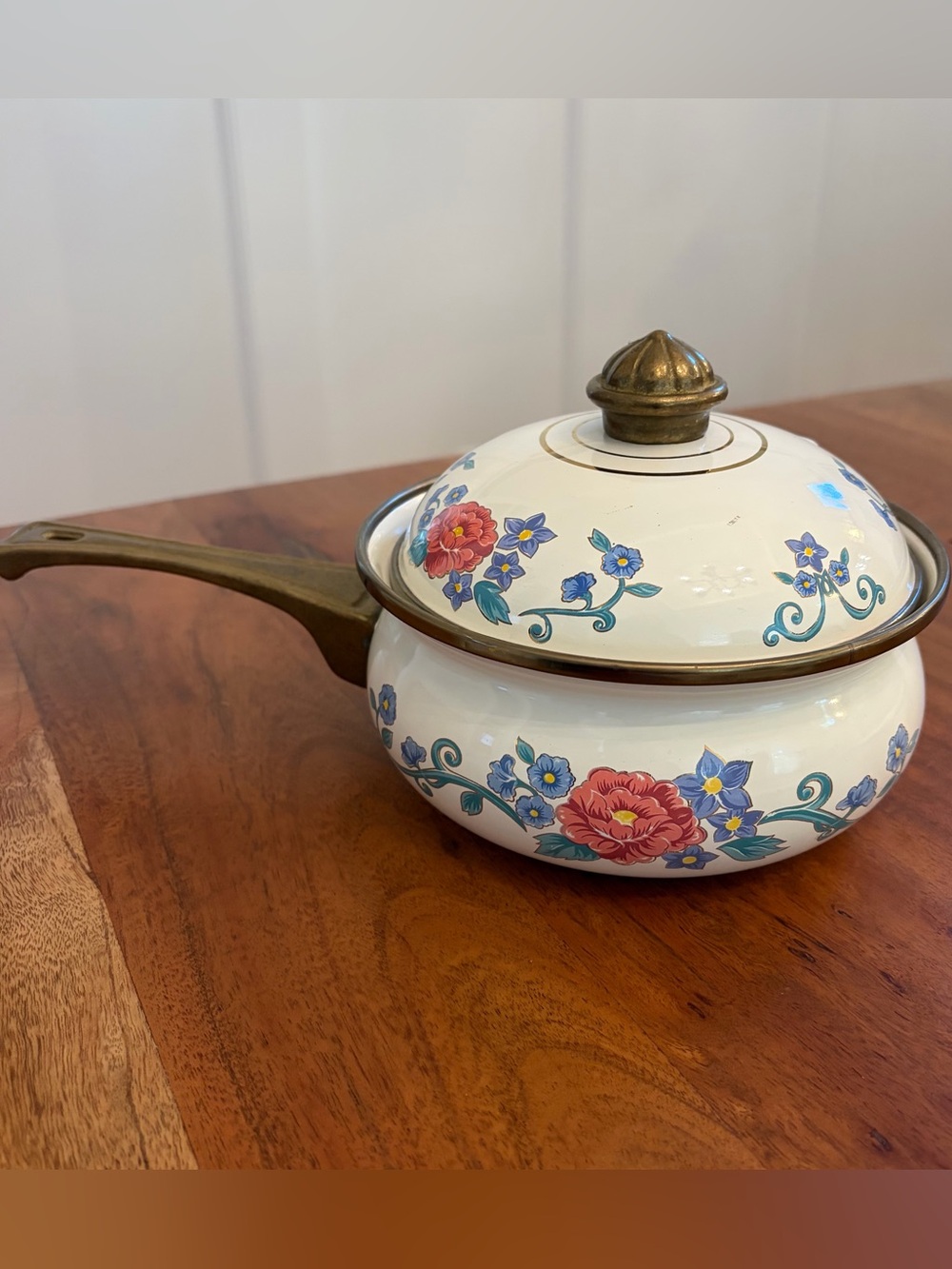 Vintage Normandy Enamelware Saucepan with Lid Floral Brass Handle Pot 1 Qt 6.25"